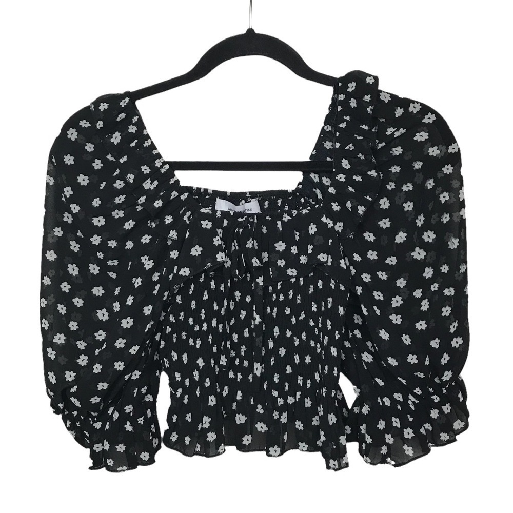 Whyte Valentyne Black Floral Print Smocked Off The Shoulder Top US 8